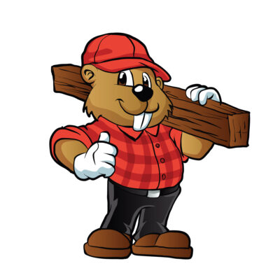 Cartoon beaver in a plaid shirt holding a board