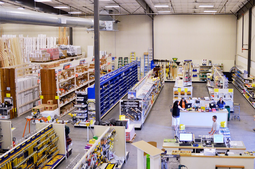 Looking down at the interior of our hardware and lumber retail space.