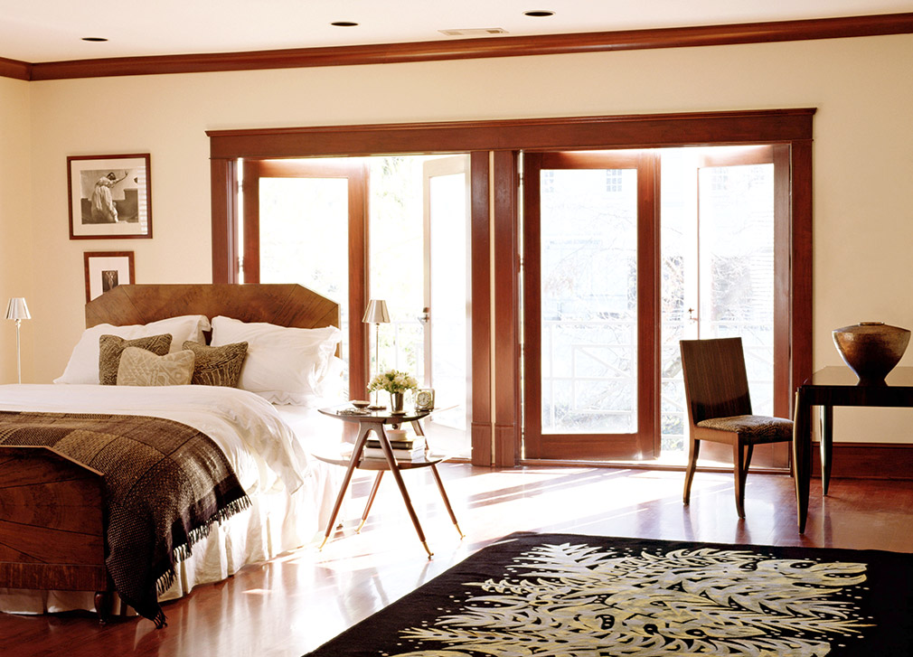 Bedroom interior with wooden crown moulding