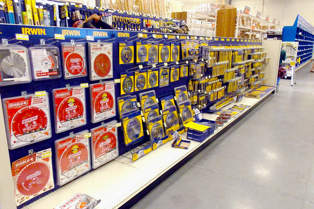  Retail shelves with power tool supplies.