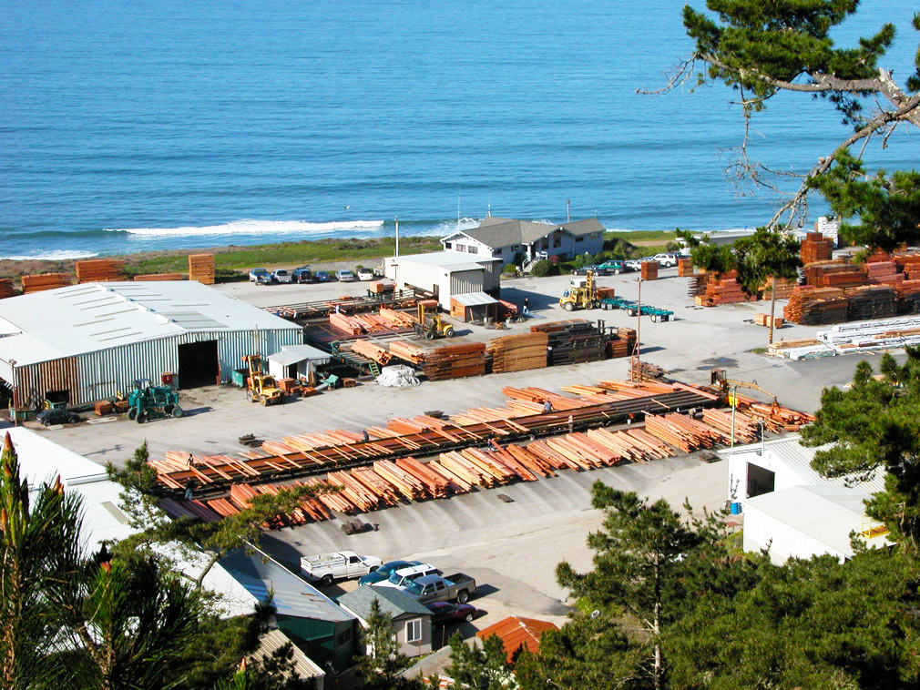 View from the trees of the Big Creek Lumber administrative office and production yard.