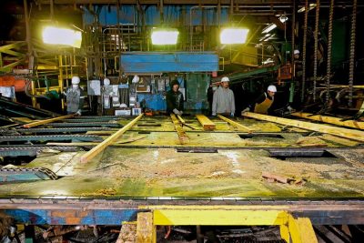 Lumber graders grading boards as they move across the grading table.